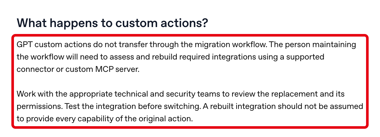 OpenAI公式FAQの「What happens to custom actions?」の節。カスタムアクションの扱いの説明を赤枠で囲んだ画面