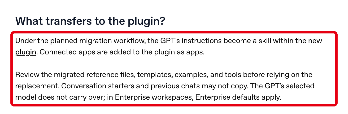 OpenAI公式FAQの「What transfers to the plugin?」の節。移行で引き継がれるものの説明を赤枠で囲んだ画面