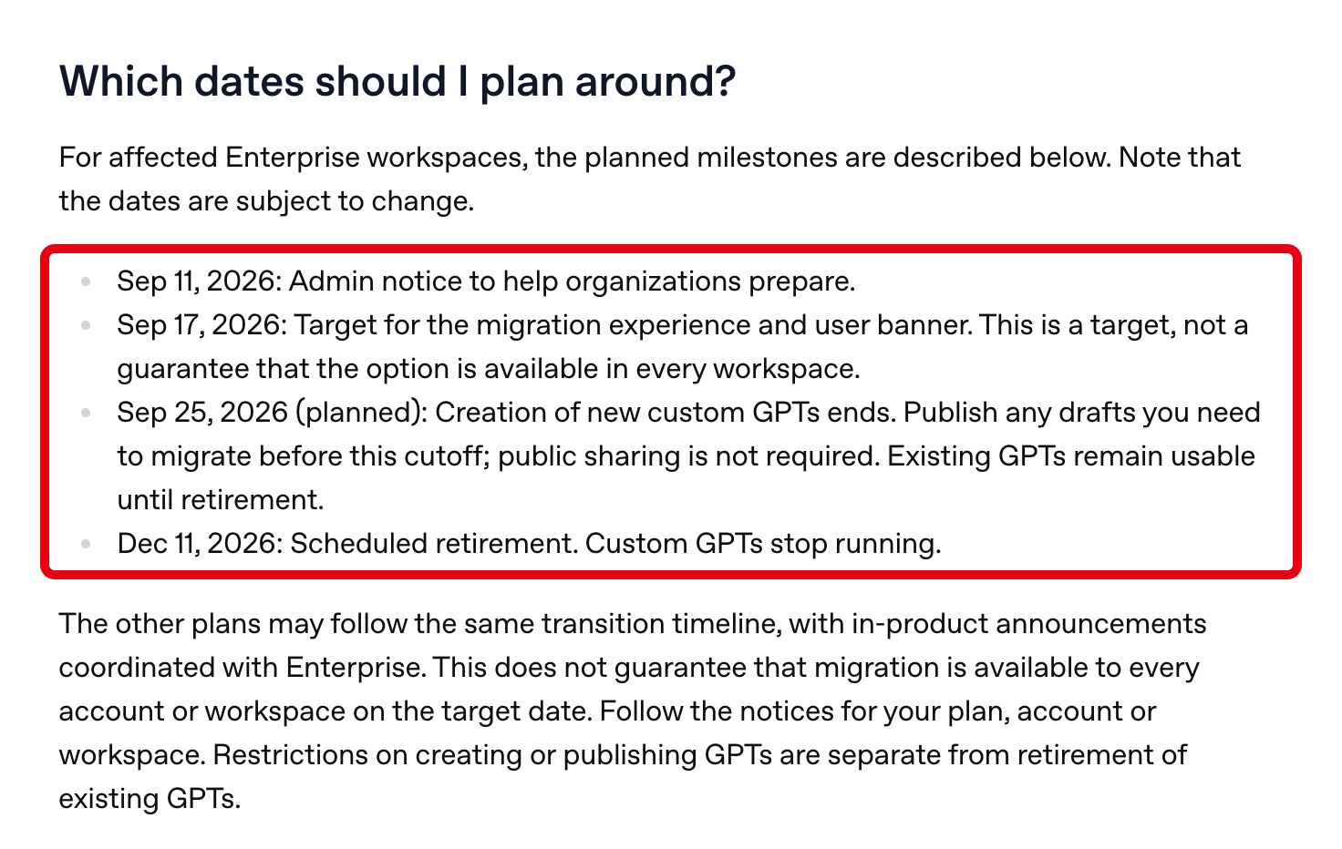 OpenAI公式FAQの予定日の節。Enterpriseワークスペースの4つの日付を赤枠で囲んだ画面